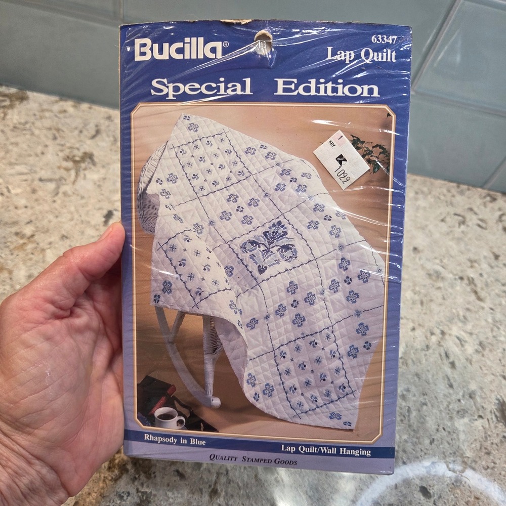 Vintage 1992 Bucilla Rhapsody in Blue Stamped Lap Quilt Wall Hanging Kit 63347